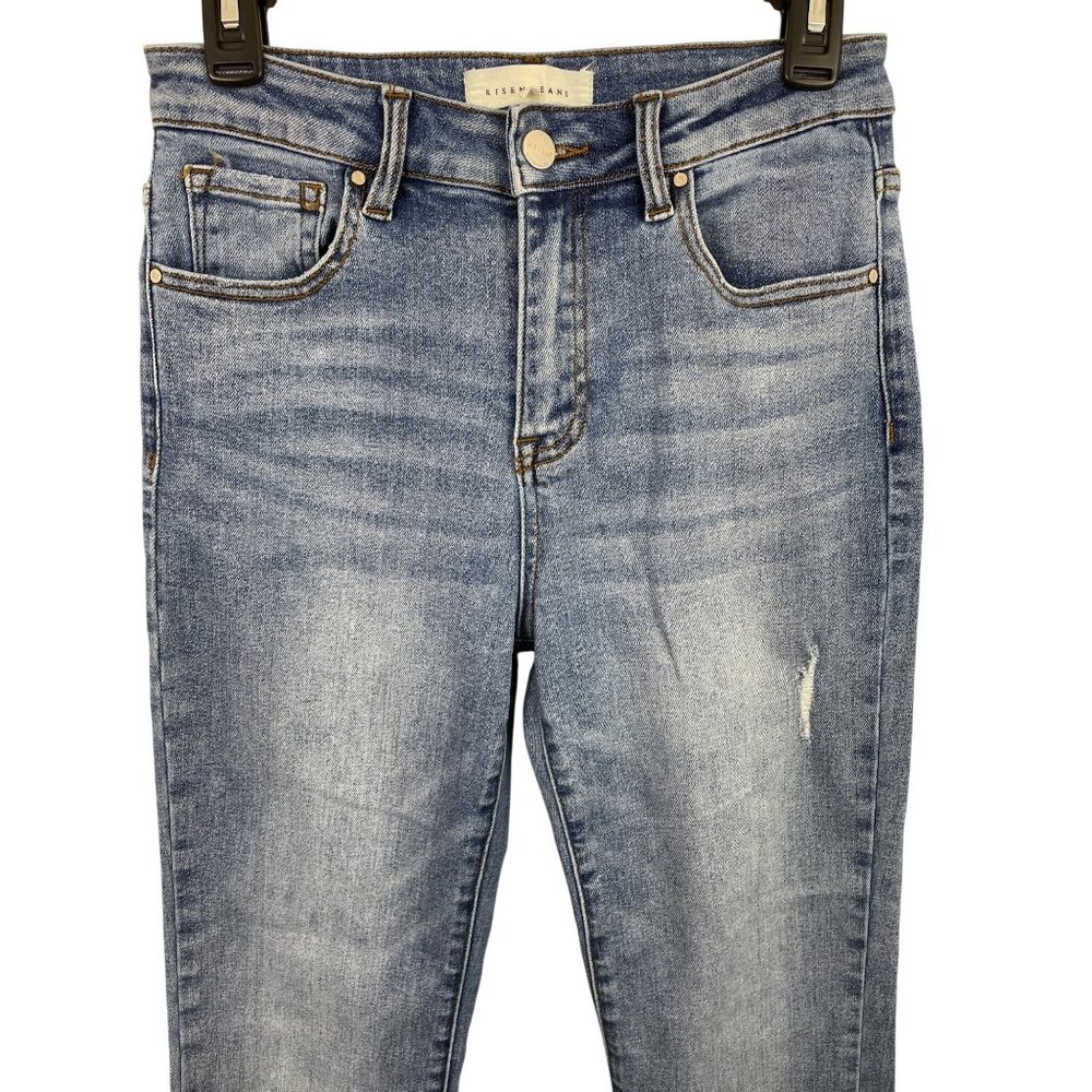 Risen High Rise Cuffed Distressed Light Blue Straight Leg Jeans Womens Size 7/28 - Picture 3 of 10